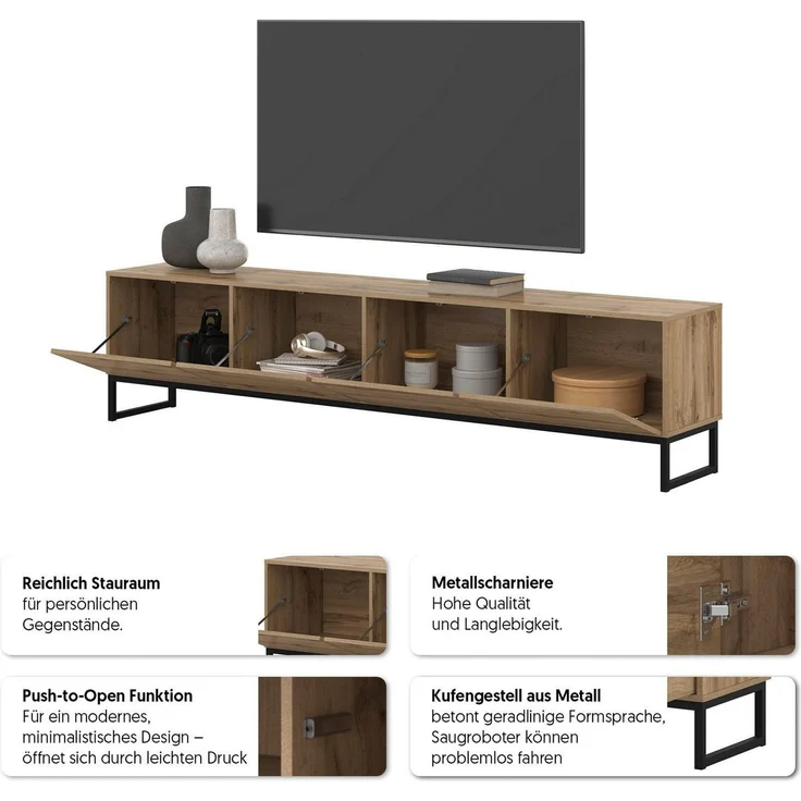 OTTO home Lowboard Loft, Breite 208,5 cm, TV-Board mit 4 Klappen, Metallkufen, TV-Kommode mit viel Stauraum, push-to-open-Funktion – Bild 4