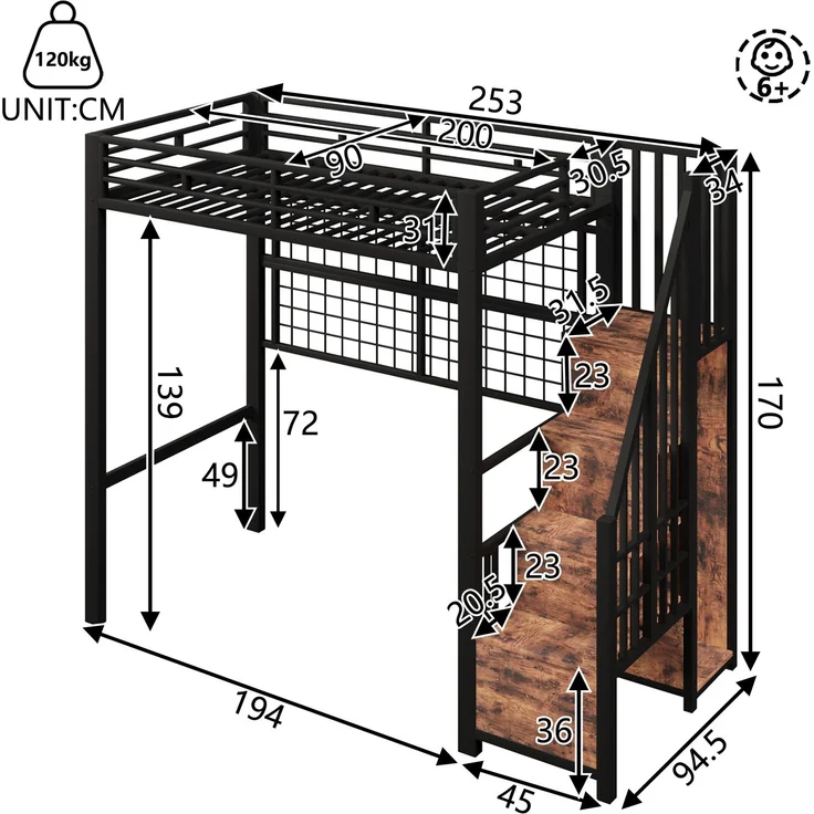 EINHOM Hochbett, 90 x 200 cm, Eisenrahmen, Kleiderschrank, Stauraumleiter, Gitter zum Aufhängen von Gegenständen, Freifläche unter dem Bett, 7-farbige LED-Leuchten, Schwarz (Ohne Matratze) – Bild 2