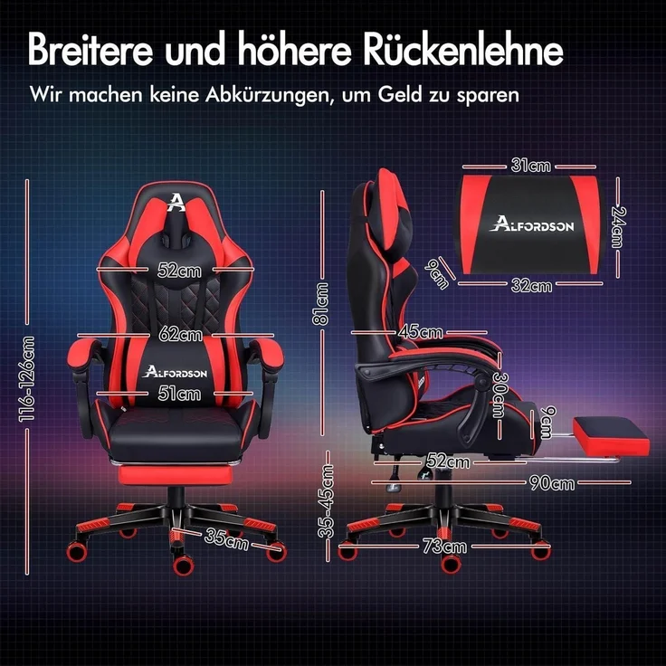ALFORDSON Gaming-Bürostuhl mit Fußstütze und Lendenkissen, Rot – Bild 3