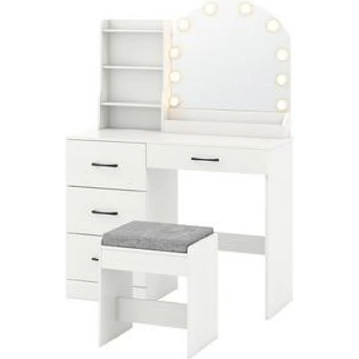 COSTWAY Schminktisch (1-St), mit LED-Beleuchtung, Ladestation, Hocker, Spiegel, 4 Schubladen – Bild 6