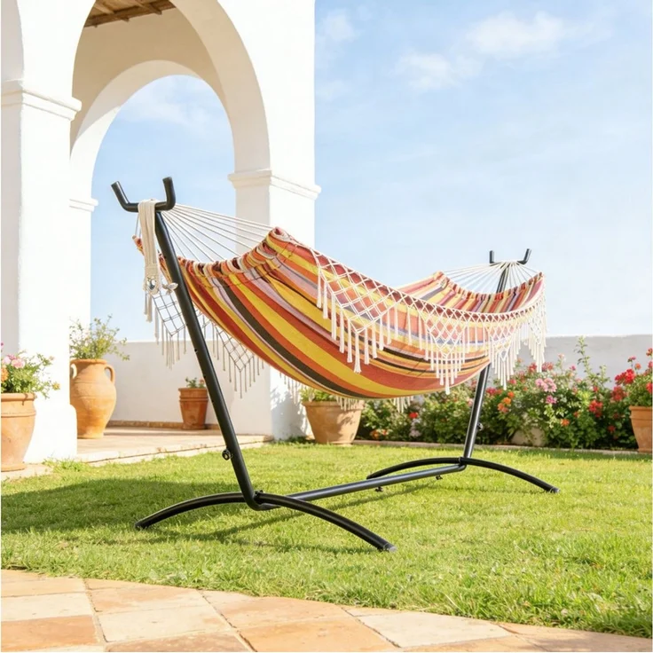 Mondeer Hängematte Gartenhängematte, mit Verstellbarem Gestell für 2 Personen,Doppelleine Fransen – Bild 2