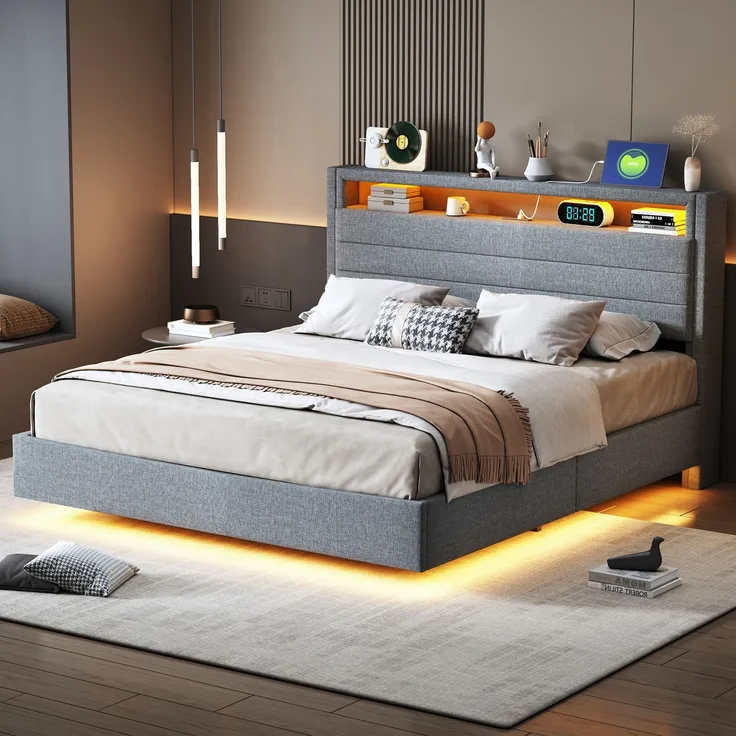 Polsterbett 140x200 cm mit LED-Licht, USB-Anschluss, hydraulischem Stauraum, drehbarem Kopfteil, Leinenstoff