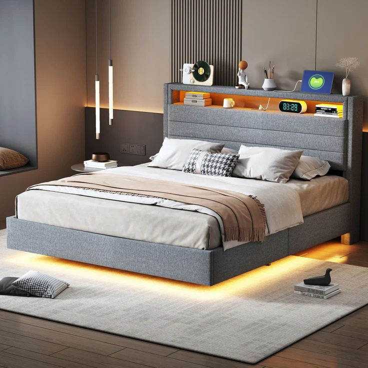 Polsterbett 140x200 cm mit LED-Licht, USB-Anschluss, hydraulischem Stauraum, drehbarem Kopfteil, Leinenstoff – Bild 1