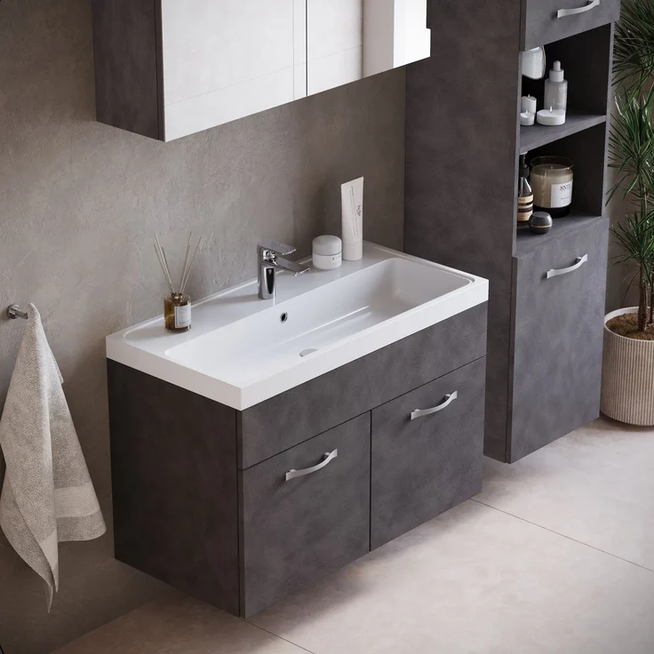 Badplaats Badezimmermöbel Set Paso 80 x 40 cm – Dunkelgrau – Waschtischunterschrank mit Spiegelschrank und Seitenschrank – Bild 2