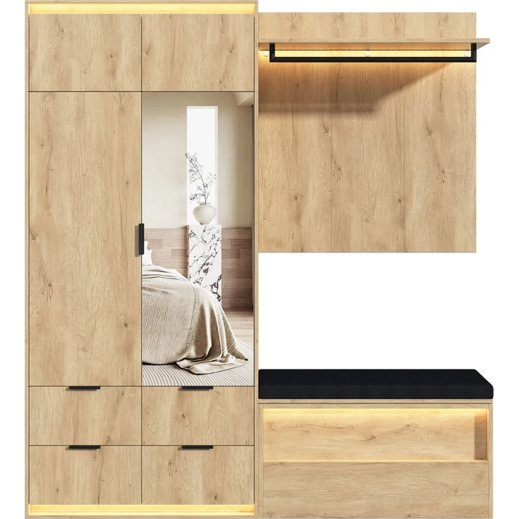Kleiderschrank, Garderoben-Set Garderobe, mit LED-Beleuchtung und Spiegel, 180 x 47 x 200 cm, Eingangsgarderobe, mit 2 Kleiderstangen, 4 Schubladen and 3 LED-Beleuchtung, Anthrazit-eiche--Holz--180x47x200cm--YOUDENOVA – Bild 9
