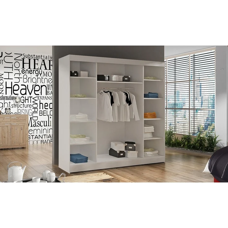 Schwebetürenschrank Basti II 200 cm mit Spiegel - Kleiderschrank, Schiebetürenschrank mit Kleiderstange und Einlegeboden, Schlafzimmerschrank, Schiebetüren, 200x215x58 cm (Schwarz/Weiß) – Bild 2