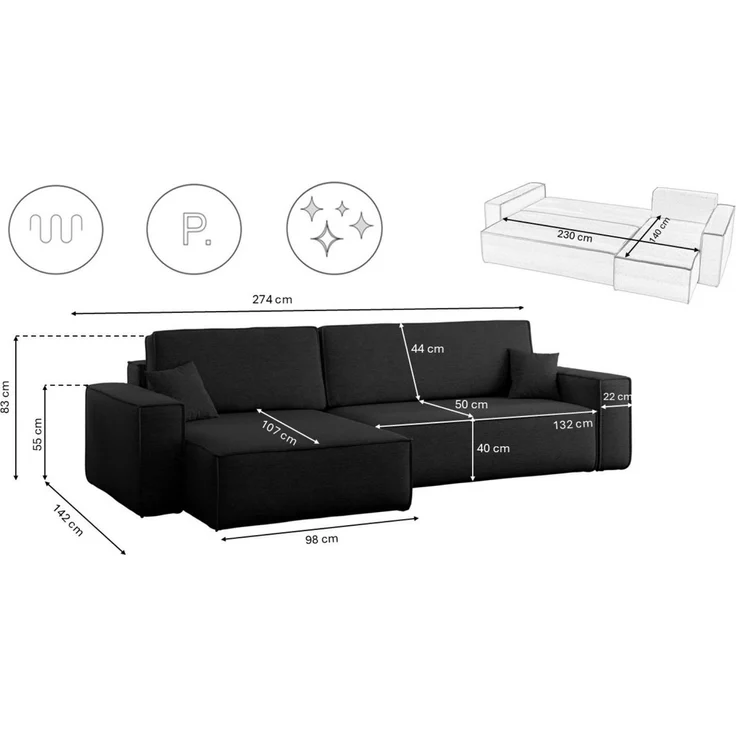 Kaiser Möbel Ecksofa mit schlaffunktion und bettkasten, BEST XL stoff Poso, Quelle, Verita, Mit Bettfunktion und Bettzeugfach – Bild 2