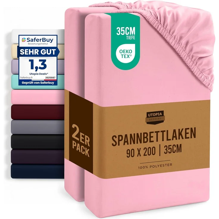 Utopia Bedding - 2er Set Spannbettlaken 90x200 cm - Rosa - Gebürstete Mikrofaser Spannbetttuch - 35 cm Tiefe Tasche