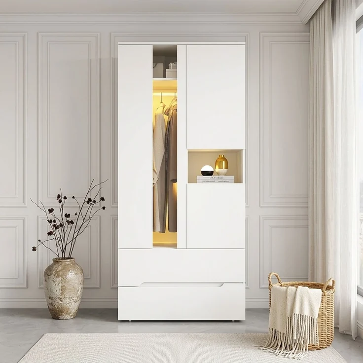 Rayofly-Kleiderschrank mit LED-Licht, 3 Türen, 1 Kleiderstange, 2 Schubladen, 6 Ablagefächer, Weiß, H 200cm x T 90cm x B 50cm – Bild 4