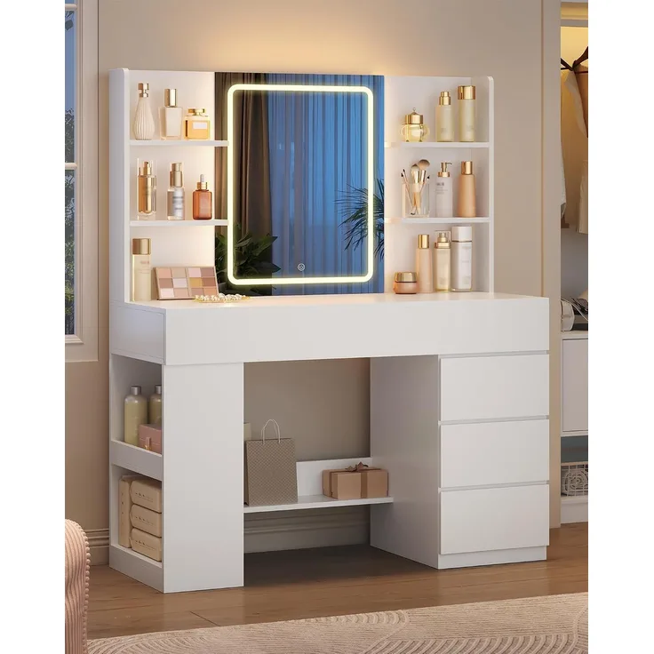 Hzuaneri Schminktisch mit HD-Spiegel und LED-Beleuchtung, 5 Schubladen, 6 Offenen Fächern, Seitlichen Ablagefächern, Modern, Weiß, 140,5 x 40 x 108 cm
