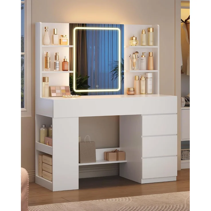 Hzuaneri Schminktisch mit HD-Spiegel und LED-Beleuchtung, 5 Schubladen, 6 Offenen Fächern, Seitlichen Ablagefächern, Modern, Weiß, 140,5 x 40 x 108 cm – Bild 1
