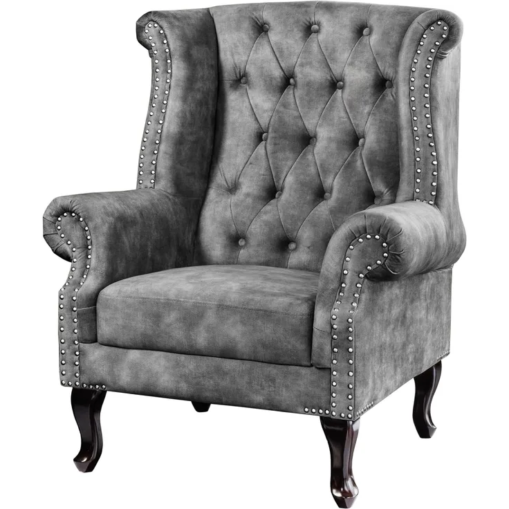 riess-ambiente Ohrensessel CHESTERFIELD 105cm grau / dunkelbraun (Einzelartikel, 1-St), Wohnzimmer · Samt · Holz · Relax · Schlafzimmer