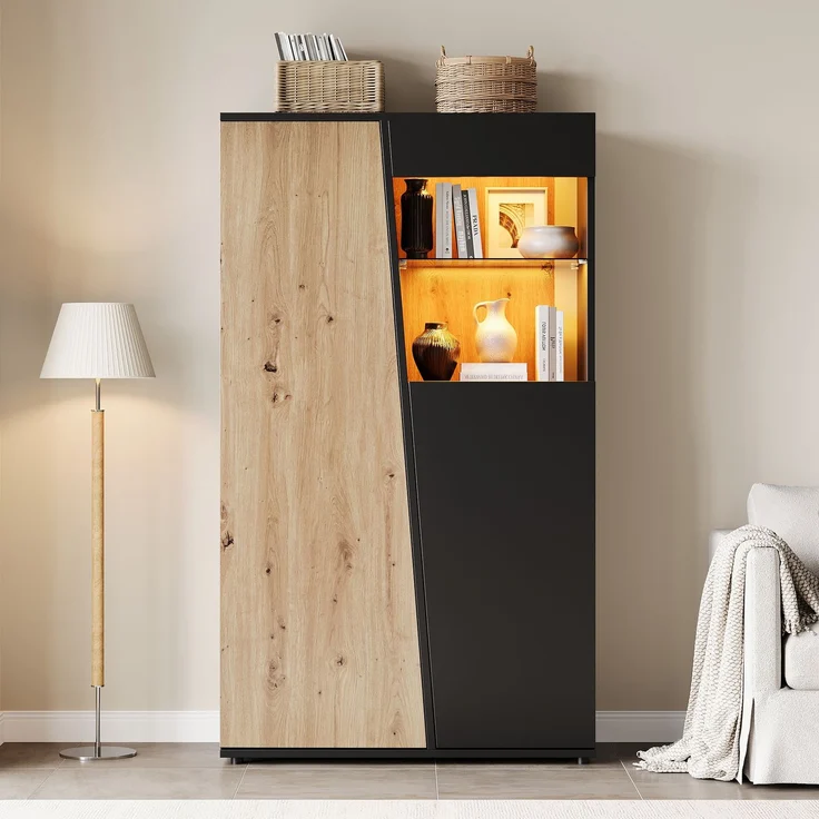 Vitrinenschrank mit LED, Design-Holztür, Glastrennwand Vitrine Schrank,Mehrere Staufächer, Hochschrank Sammlervitrine für Wohnzimmer, Büro, Flur, Schwarz & Holzfarbe,80x35x139.5cm – Bild 1