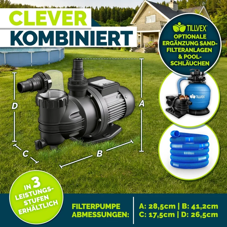 tillvex® Filterpumpe Pool 7.000L/h & 250W | Schwimmbadpumpe Förderhöhe max. 7,5m | Poolfilter Umwälzpumpe für 22m³ Pools | Poolpumpe selbstansaugend für Pools Aufstellpool Spa mit Vorfilter – Bild 2