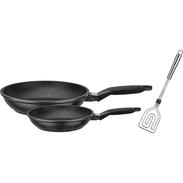 GSW Pfannen-Set Titanium Granit, Aluminiumguss (Set, 3-tlg, je 1 Pfanne Ø 20/28cm, 1x SCALA Alleswender), kratzfeste TITAN Antihaft-Versiegelung, inkl. Wender, Induktion