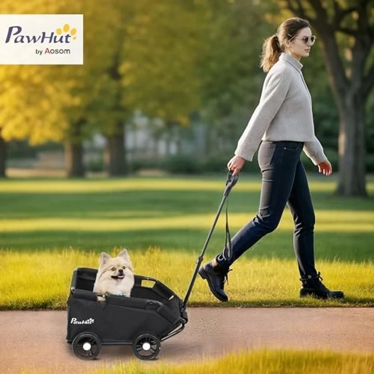 PawHut Hundebuggy klappbarer Hundewagen für Zwergenhunde bis zu 4 kg, (Katzenbuggy, 1-tlg), mit Griffstange, waschbarem Kissen, Sicherheitsleinen, Räder, Schwarz – Bild 2