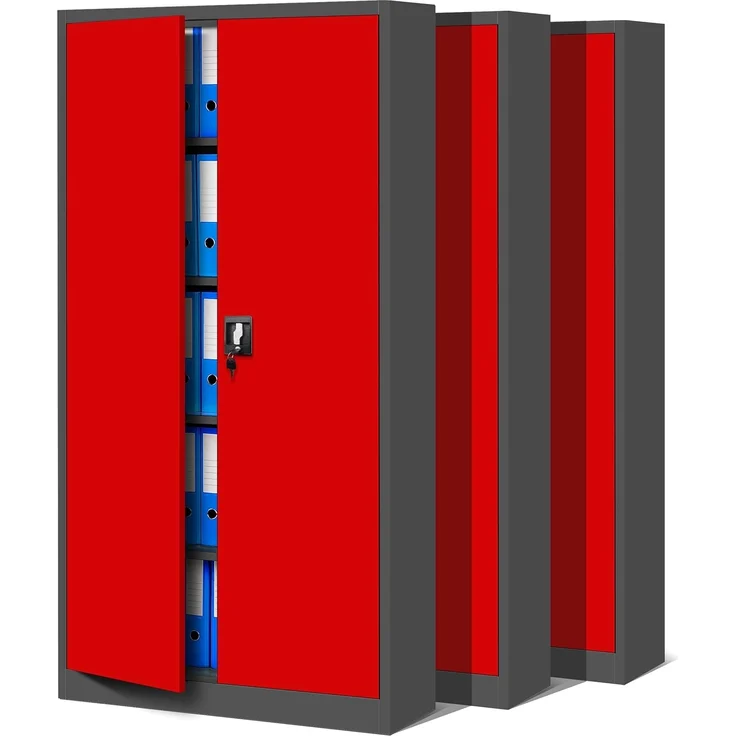 Jan Nowak 3er Set Aktenschrank C001 Metallschrank Stahlschrank Werkzeugschrank Büroschrank Lagerschrank Universalschrank Pulverbeschichtung Flügeltüren 185 x 90 x 40 cm (anthrazit/rot)