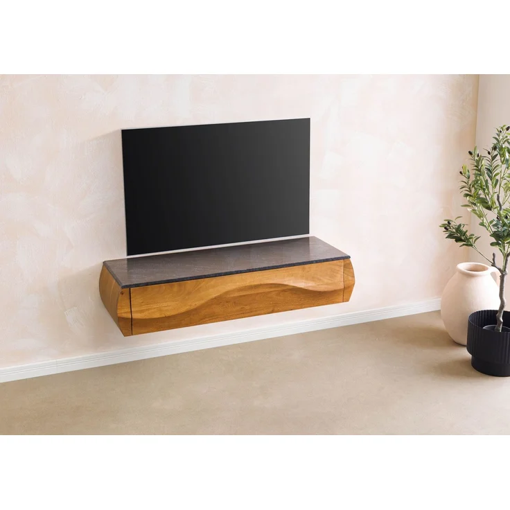 Lowboard Akazie 124 x 40 x 25 natur lackiert / Marmor schwarz MONTREAL #131 – Bild 2
