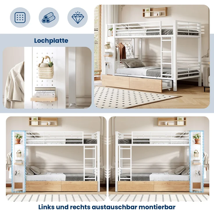 Etagenbett,,90x 200 cm,,Eisenrahmen,4 Schubladen, mehrere Ablageflächen,,mit LED-Lichtleiste,,mit Kleiderstange,Matratze nicht im Lieferumfang enthalten,EN747-zertifiziert,Weiß – Bild 8