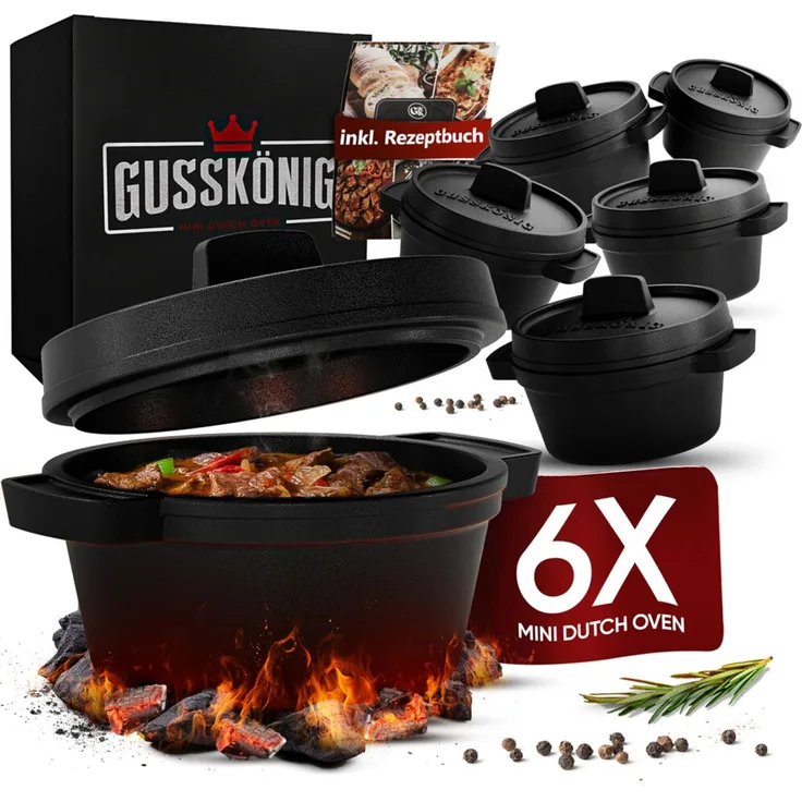 Mini Dutch Oven Set 6er aus Gusseisen – 300 ml Ø 11 cm, bereits eingebrannt, ideal für Vorspeisen & Nachspeisen inkl. Rezeptbuch