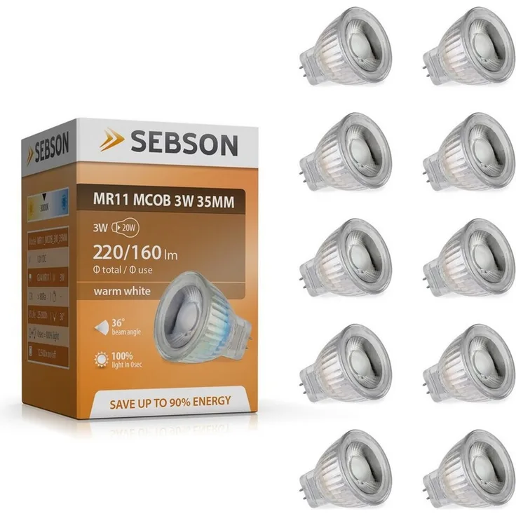 SEBSON LED-Leuchtmittel LED Lampe GU4/ MR11 warmweiß 3W 220lm Spotlight 12V DC - 10er Pack, MR11, 10 St, Warmweiß, LED Strahler MR11 GU4, 15.000h Lebensdauer, warmweiß 3000K, Spot 36°