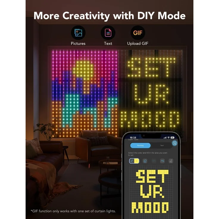 Govee Curtain Lights, 520 RGBIC LEDs Lichterkette, DIY Lichtmuster, Smart LED Vorhang 86+ Modi, IP65 Wasserfest, kompatibel mit Alexa für Zimmer, Party Deko (1,5×2m) – Bild 3