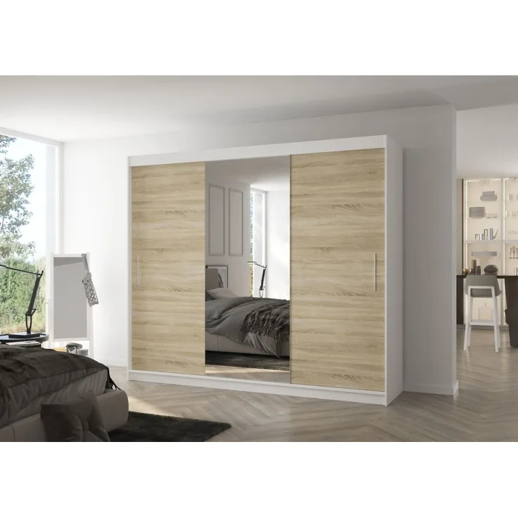 Schiebetürenschrank Schrank Nr. 540 in Weiß- Sonoma matt- Spiegel 250 x 215 x 58 cm