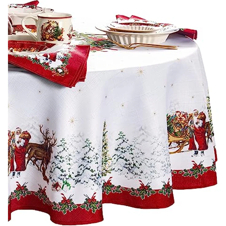 Elrene Home Fashions Villeroy & Boch Toy's Fantasy Holiday/Christmas Santa Winter Woodland Engineered Fabric Tablecloth, 152,4x213,4 cm, oval, Mehrfarbig – Bild 2