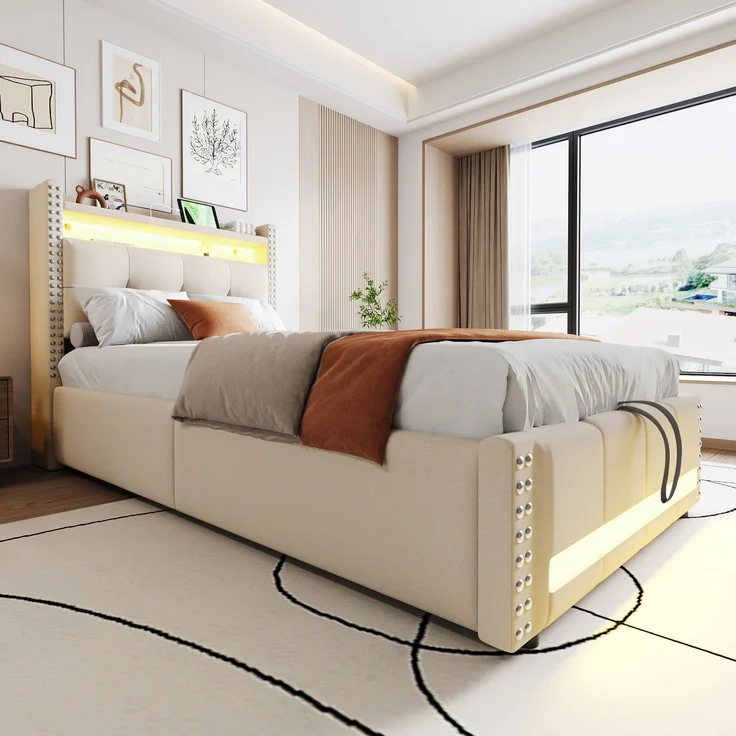 EINHOM Polsterbett Kinderbett 90 x 200 cm mit LED-Beleuchtung und USB-Steckdose, Kopfteil mit Einlegeböden und Stauraum, mit Hydraulik für die Lagerung, Einzelbett, Leinenstoff Beige, (Ohne Matratze) – Bild 4