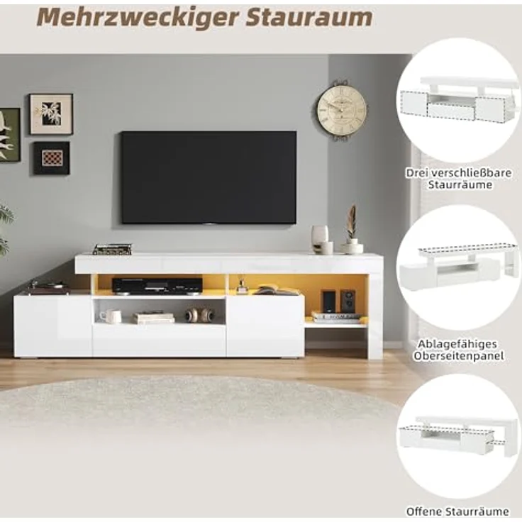 Ball & Cast TV Schrank (192×37×53cm) mit 3 Schränke, Fernseher Tisch Geeignet für Fernseher Um 85 Zoll, Bequeme Montage, Weiß – Bild 6