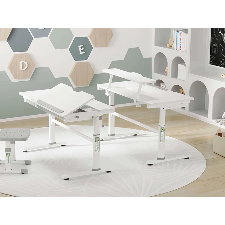 HOKO Kinderschreibtisch höhenverstellbar 54-76 cm, ergonomischer Schreibtisch (für Kinder & Jugendliche, 120x60 cm, neigbare Tischplatte mit Schubladen, stabil & belastbar bis 100 kg, Weiß, Holzfarben) – Bild 2