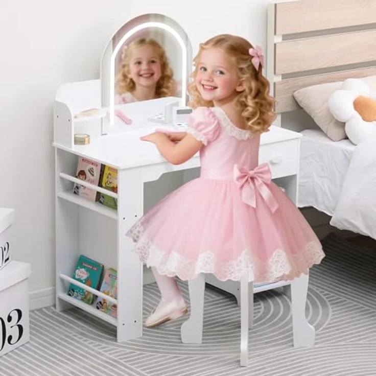GarveeLife Schminktisch für Kinder mit Hocker und LED-Spiegel, Kleiner Schminktisch mit Schublade und 1 offenen Fächern, für Mädchen von 3-6 Jahren, weiß, inklusive Zubehör – Bild 8