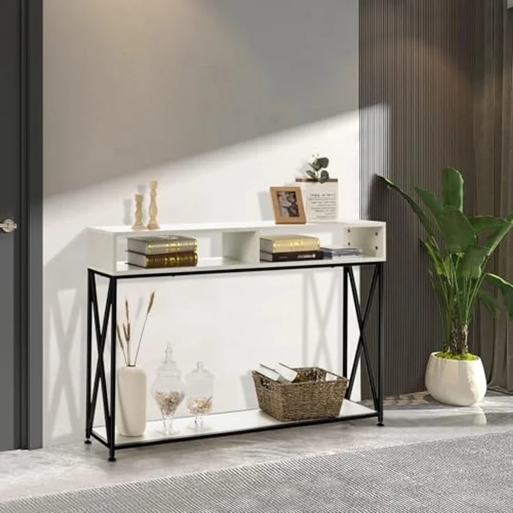 FANTASK 2 Ebenen Konsolentisch mit offnen Fächern, Flurtisch aus Holz, Standregal, Beistelltisch für Eingang, Wohnzimmer und Schlafzimmer, 120 x 23 x 79 cm (Weiß) – Bild 2