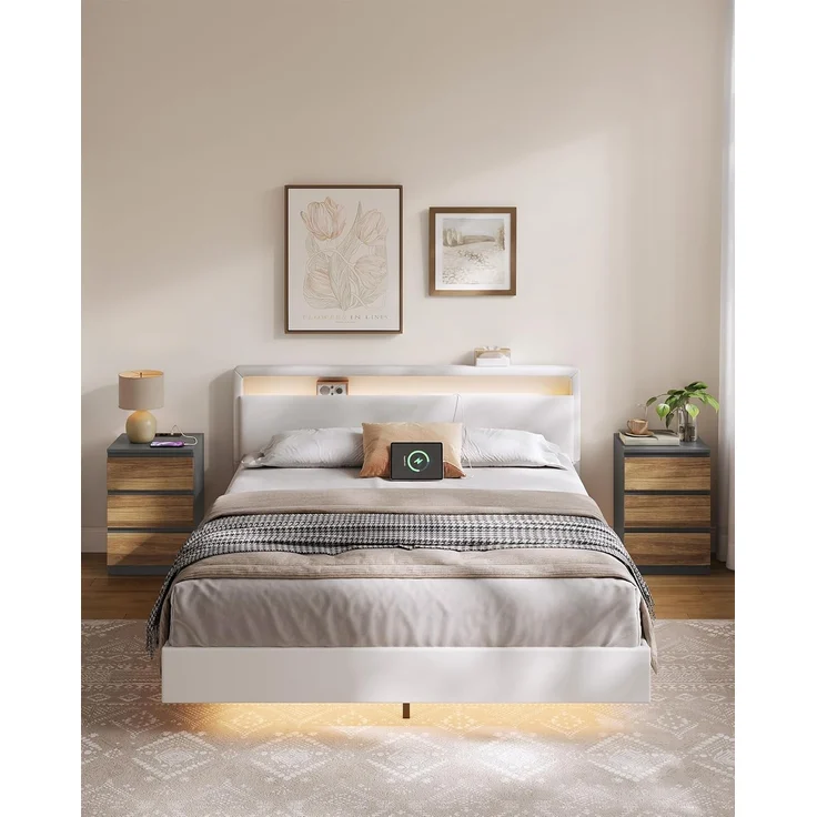 VASAGLE Nachttisch mit Steckdosenleiste, 2er Set, Beistelltisch, 3 Schubladen, 2 AC-Steckdosen, 2 USB-A-Anschlüsse, Wohnzimmer, Schlafzimmer, Arbeitszimmer, modern, schiefergrau-naturbraun LET831G01 – Bild 2