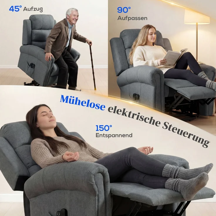 Wohnora-Massagesessel mit Aufstehhilfe, Relaxsessel, Vibrationsköpfe, mit Neigefunktion, Leinenoptik, Grau,H 1080cm x T 875cm x B 870cm – Bild 5