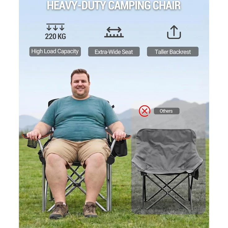 Campingstuhl, 220 KG Campingstuhl Faltbar mit Kühltasche, Getränkehalter, Tragetasch, Hochlehner Bequem Gepolste, Anglersessel Klappstuhl Garten Balkon Strand, Schwarz und Orange – Bild 5