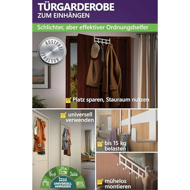4smile Türgarderobe zum Einhängen - Universelle Türhaken für deutsche Türen, Kleiderhaken Tür - Stabile Türhakenleiste, Haken zum Einhängen als Ordnungshelfer, Fb. Weiß – Bild 3