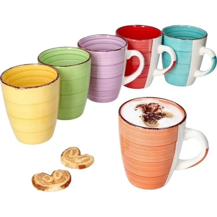 MamboCat Becher 6er Set Kaffeebecher Uni Bunt, Steingut