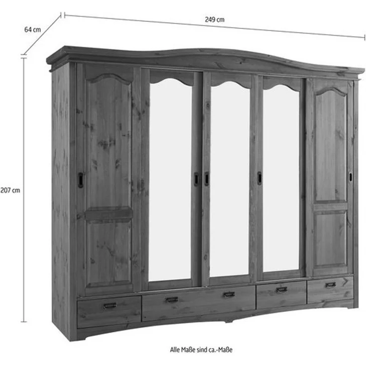 Home affaire Schiebetürenschrank Konrad, Landhausstil, rustikal, mit Schubladen + Spiegel, Kassetten massive Kiefer, FSC®-zertifiziert, Messinggriffe, mehrere Varianten – Bild 4