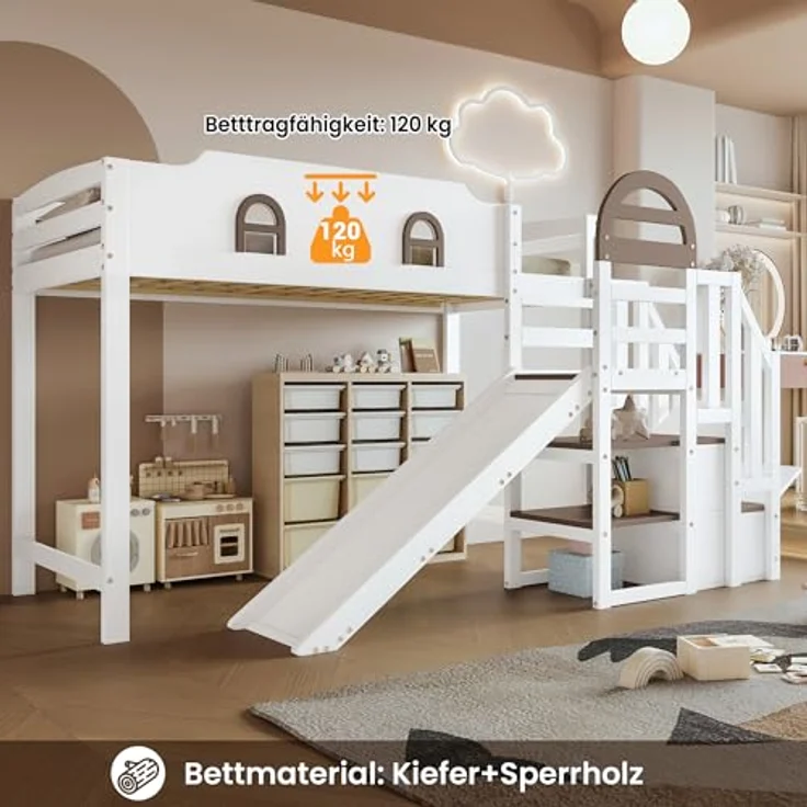 Odikalo Hochbett 90x200 Kinderbett mit Rutsche und Stauraum (Etagenbett, Kinderbett Mit Fenster, Mit Kinderrutsche, Treppen mit Handlauf, Mit 2 Schließfächer in der Treppe, Vielseitiges Design, Reichlich Stauraum, Kiefer+MDF, Weiß+Braun, 90x200cm) – Bild 6