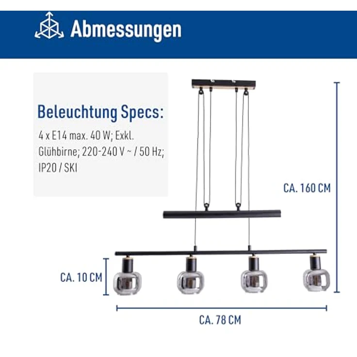 Näve Pendelbalkenleuchte Fumoso 4-flammig, Schwarz/Natur mit E14 Fassungen und höhenverstellbar von 100 cm bis 160 cm – Bild 6