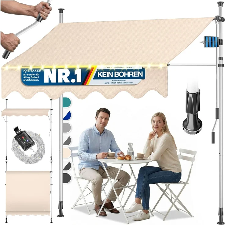 KESSER® Klemmmarkise mit Handkurbel & LED Lichterkette | Balkonmarkise ohne Bohren | Markise UV-beständig höhenverstellbar & wasserabweisend | Sonnenschutz für Balkon Terrasse & Garten Beige, 150 cm