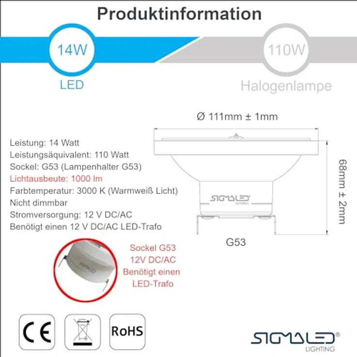 Sigmaled lighting LED-Spot AR111 G53 14 W, warmweiß 3000 K, 1000 Lumen, 12V AC/DC, nicht dimmbar – Bild 2