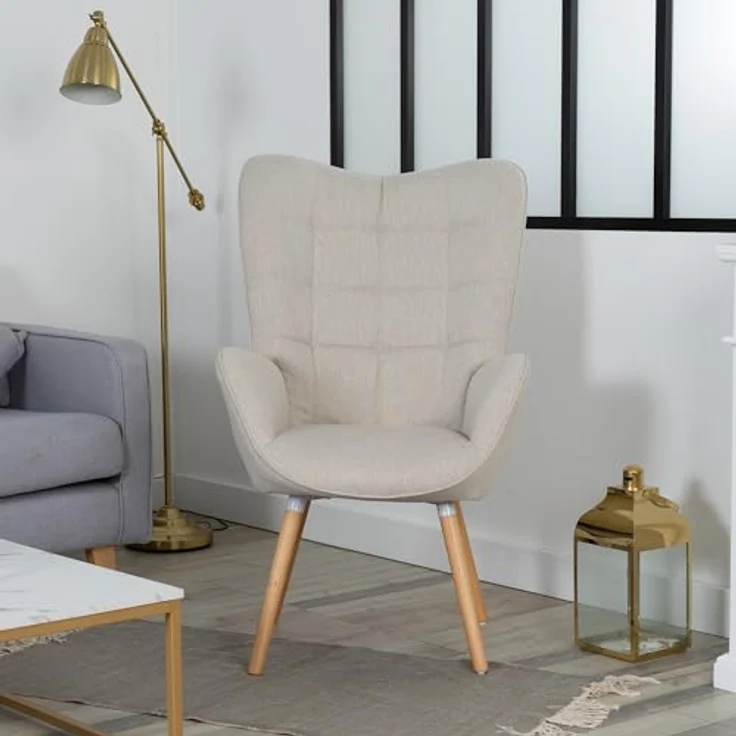 MEUBLE COSY Sessel Relaxsessel Lehnstühle Polstersessel Einzelsofa mit Holzbein Ohrensessel für Wohnzimmer Schlafzimmer Büro Vanity, Stoff, Beige – Bild 5