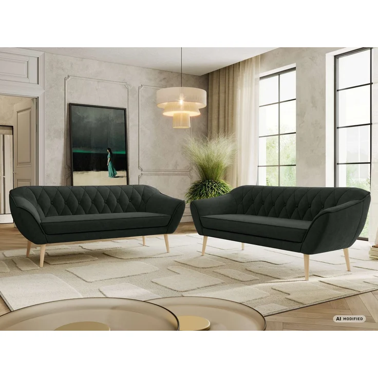 Wohnzimmerset Möbelset PIRS 3-3, Armlehnen, Wellenfederung, Buche Füße, Dreisitzer Sofa, Polstermöbel Set - Dunkelgrau Stukture – Bild 1