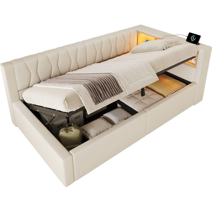 Daybett, Tagesbett, Schlafsofa,90x200cm, Ohne Matratze, Hydraulische Lagerung, mit dimmbarer LED-Leiste, mit praktischem Regal, mit USB-Anschluss, Beige – Bild 5