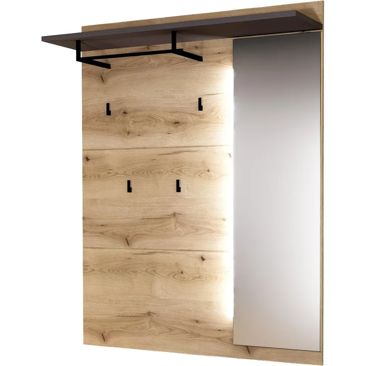 Fargo Garderobenpaneel mit Spiegel, Kleiderstange und 4 Garderobenhaken – FSC-Zertifiziert – Modernes Wandpaneel mit Ablageboden und LED-Beleuchtung – 120 x 149 x 30 cm (B/H/T)