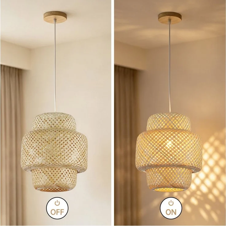 JDONG Pendelleuchte 30CM Pendelleuchte Boho lampe Lampenschirm Bambus E27, ohne Leuchtmittel, Rustic, Handgeflochtene Vintage schlafzimmerlampe,Beige, Beleuchtung Dekoration, für Wohnzimmer,Schlafzimmer,Küche,Esszimmer – Bild 4