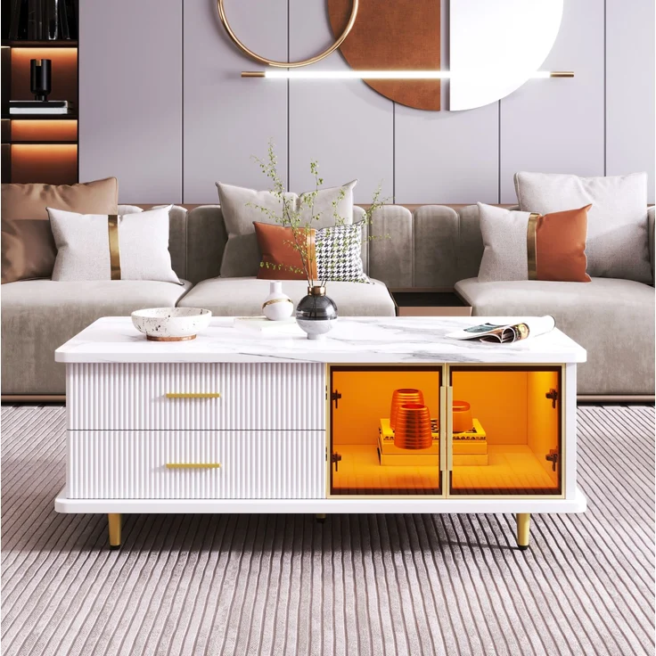 DESVIAE Couchtisch-Set 2-tlg. mit TV-Schrank und LED-Beleuchtung, Spanplatte, Weiß/Gold, 100x40x50 cm und 170x47,5x37 cm – Bild 3
