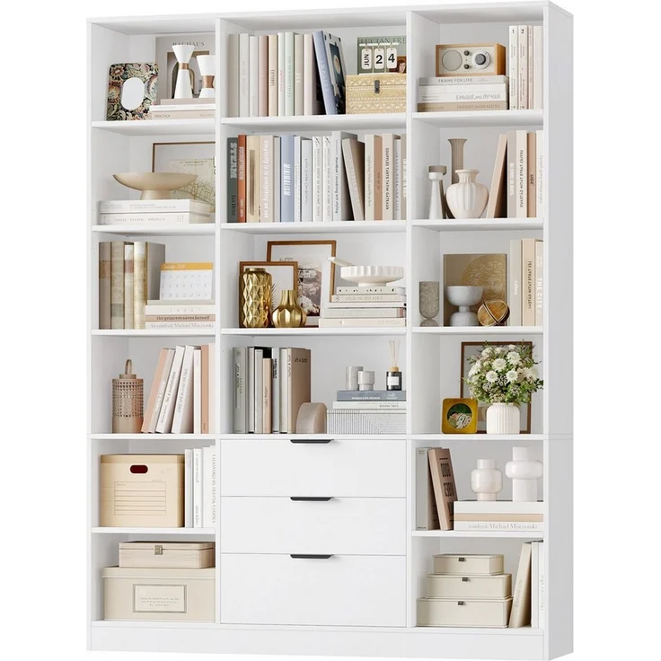 HOMECHO Bücherregal 16 Fächer & 3 Schubladen, 4 verstellbare Böden, 135 x 28,5 x 180,5 cm – Bild 1